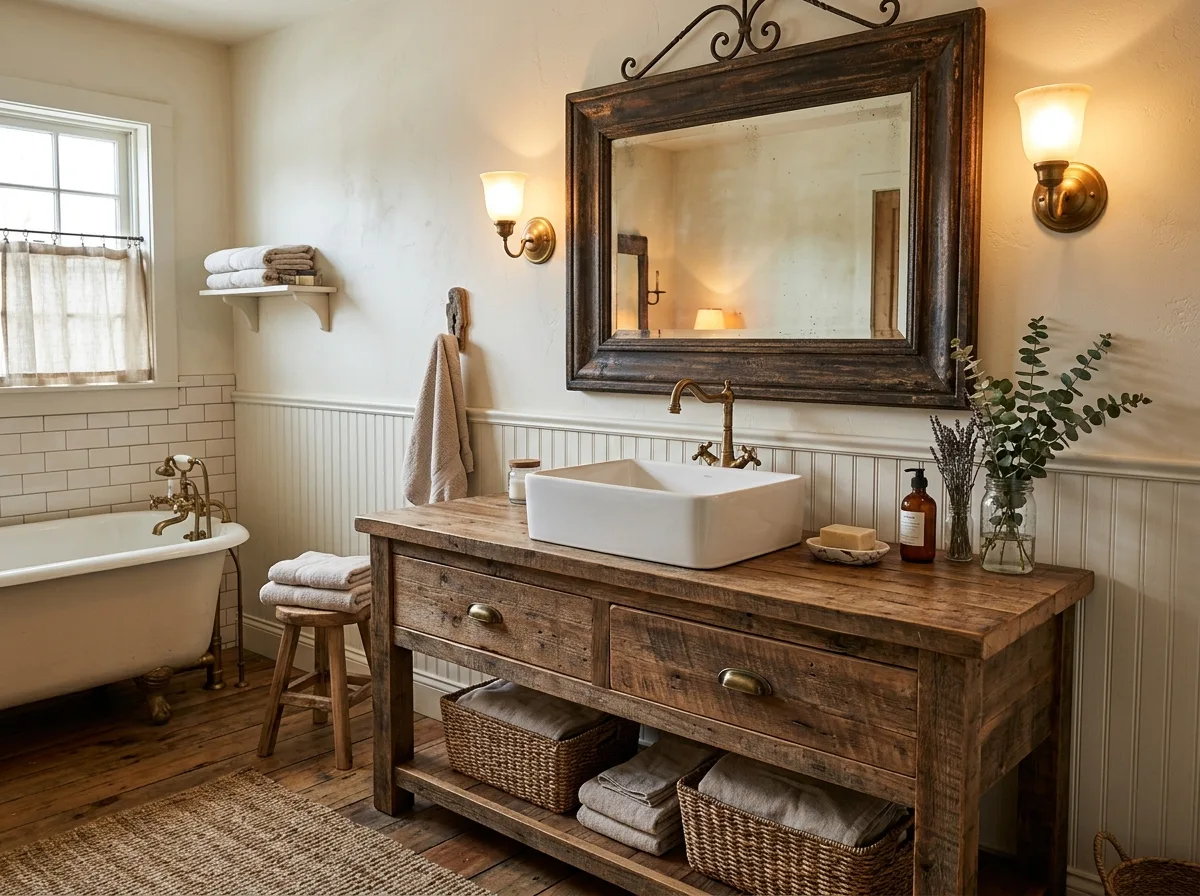 Farmhouse bathroom with vintage mirror
